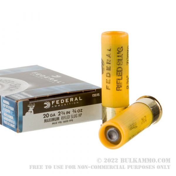 250 Rounds of 20ga Ammo by Federal Power Shok - 2-3/4" 3/4 ounce Rifled Slug